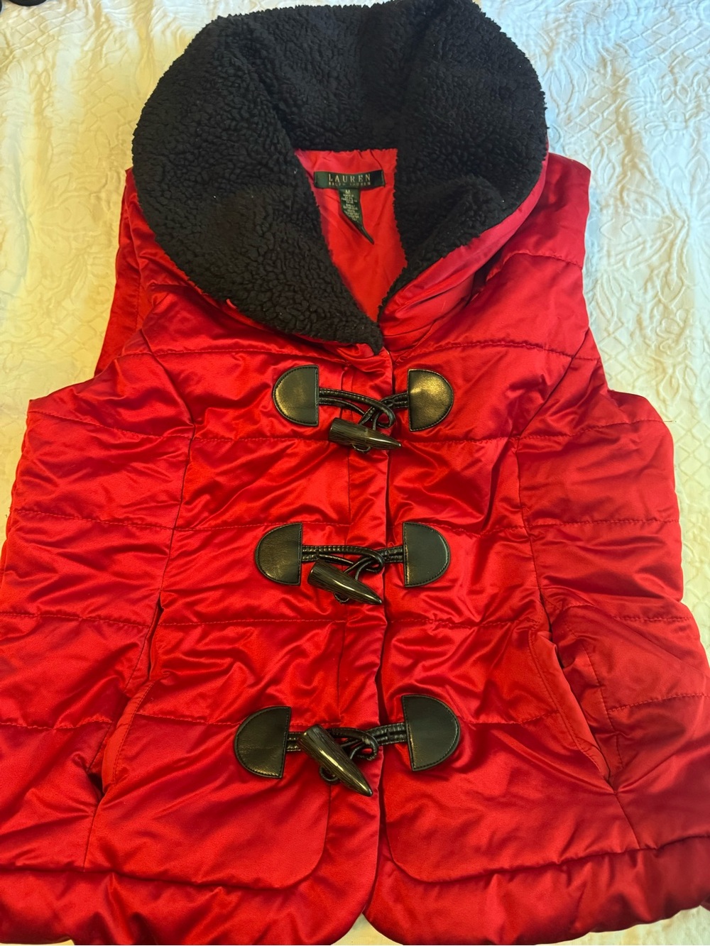 Lauren Ralph Lauren Vest Womens Medium Red Quilted Sherpa Collar Toggle Puffer